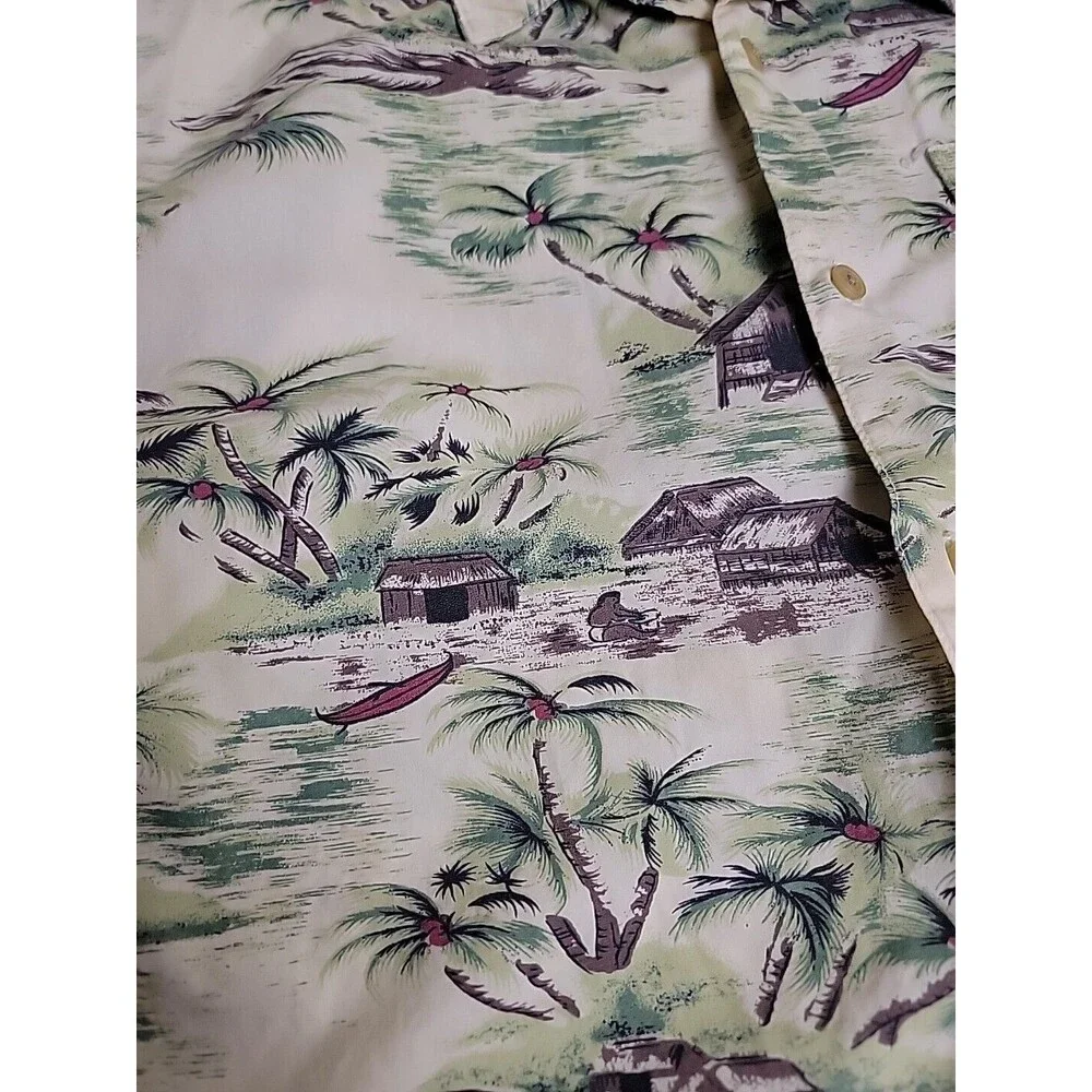Vintage GAP‎ Hawaiian Shirt Mens L Brown Tiki Hut Native Cotton Pocket Dad Camp